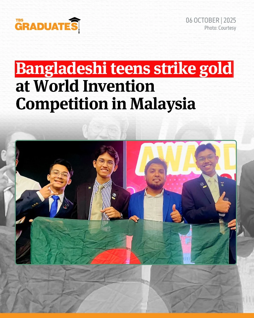 Team members and a mentor holding the Bangladesh flag at the WICE awards.